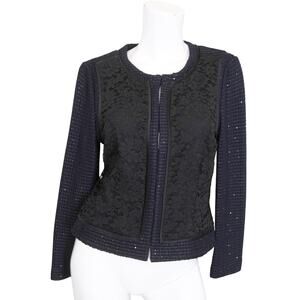 St. John Couture Jacket Size 6 Lace Panel Embellished Sequin Knit Navy Black